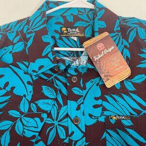 Tribal Origin Hawaiian‎ Shirt Button-Up Short Sleeve Blue & Brown Tropical XL
